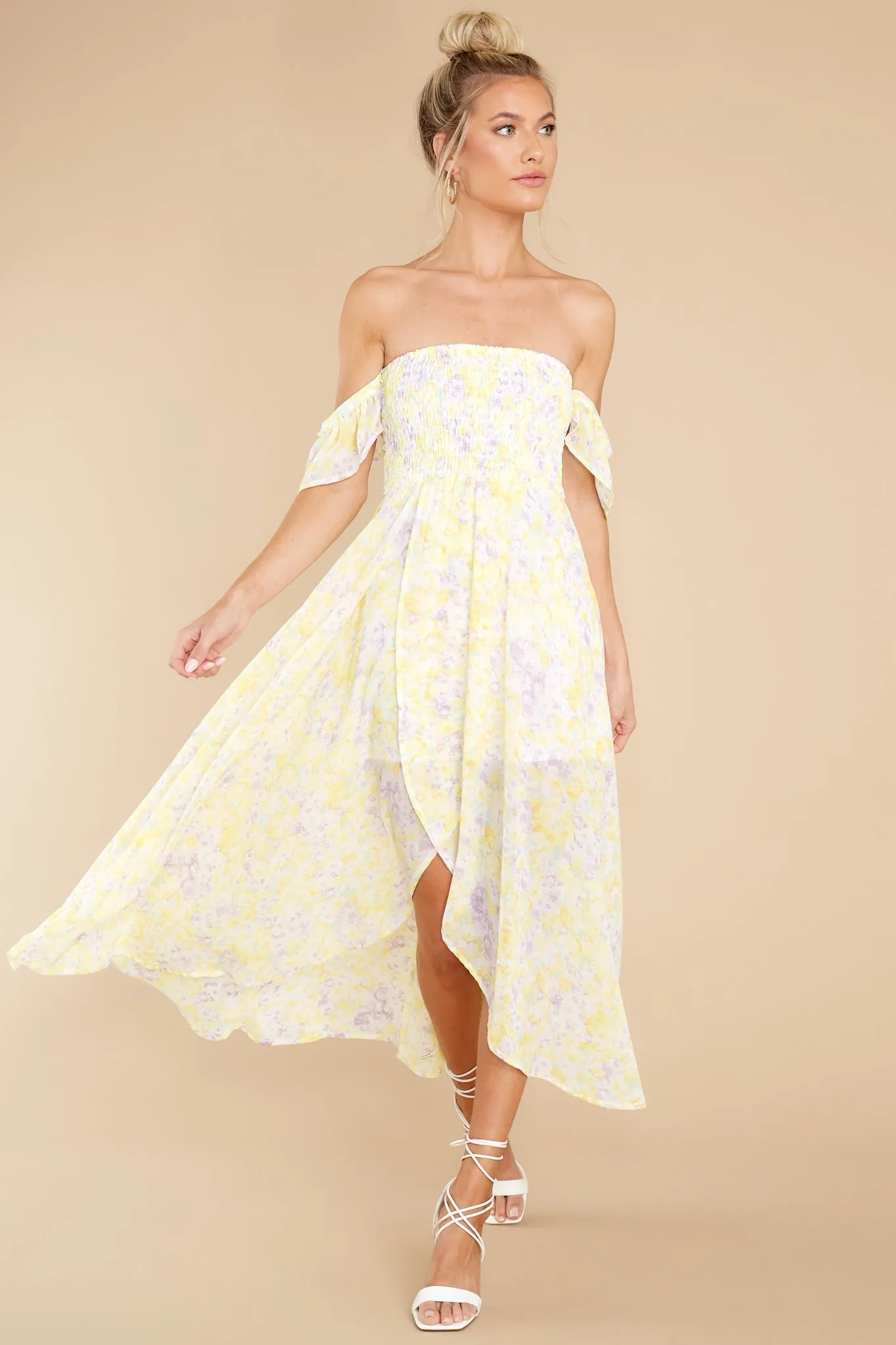 Pretty As A Picture Pastel Yellow Floral Print Midi Dress