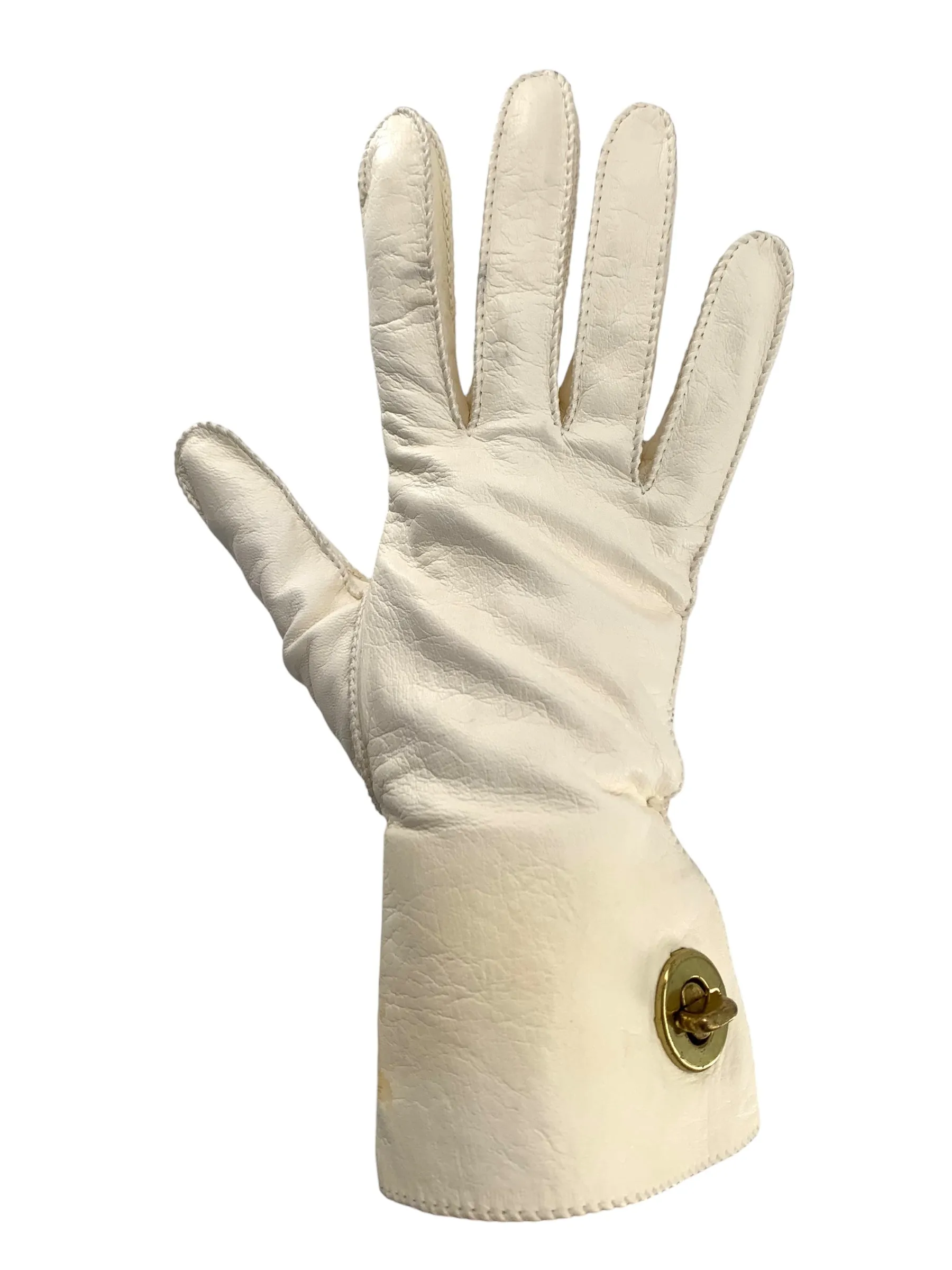 Rare Bonnie Cashin 60s/70s Cream Leather Gloves with Iconic Brass Turn-Lock Hardware, NWT