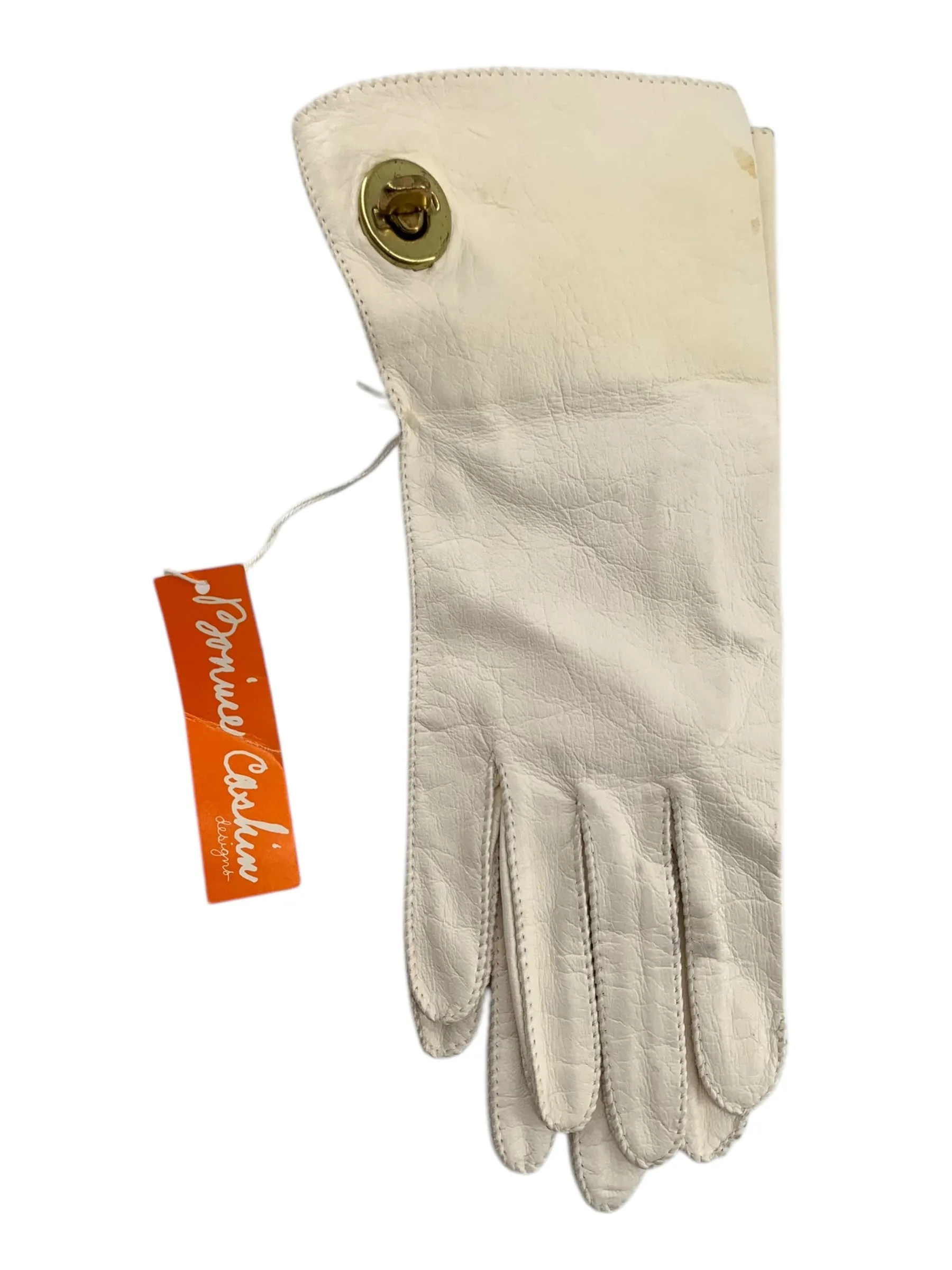 Rare Bonnie Cashin 60s/70s Cream Leather Gloves with Iconic Brass Turn-Lock Hardware, NWT