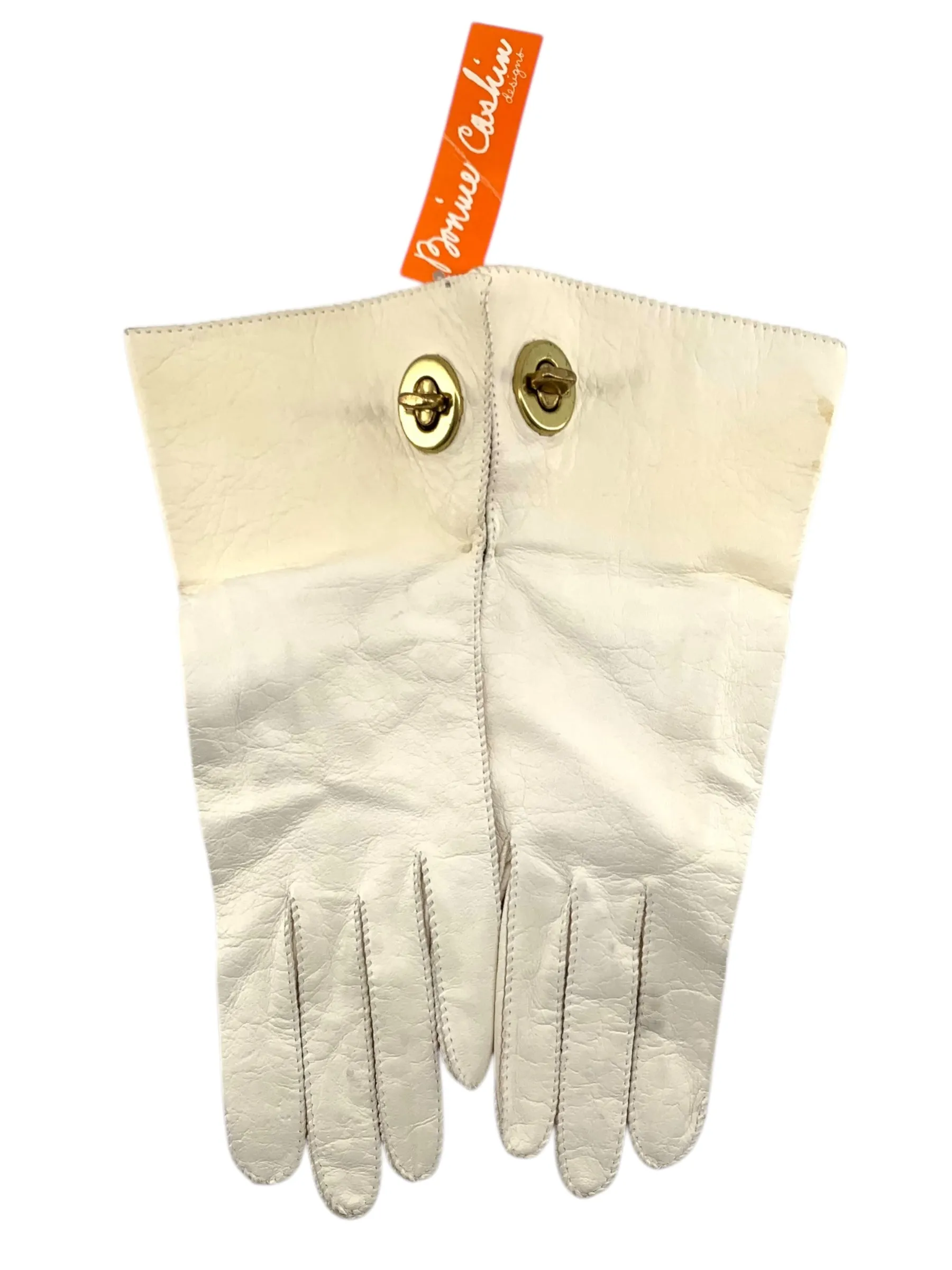 Rare Bonnie Cashin 60s/70s Cream Leather Gloves with Iconic Brass Turn-Lock Hardware, NWT