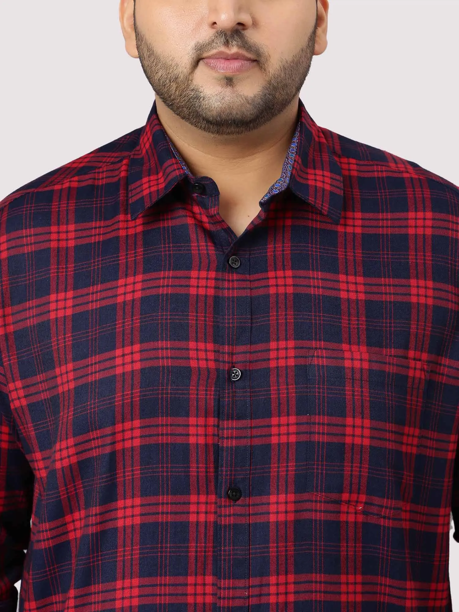 Red and Blue Indigo Cotton Check Shirt Men's Plus Size