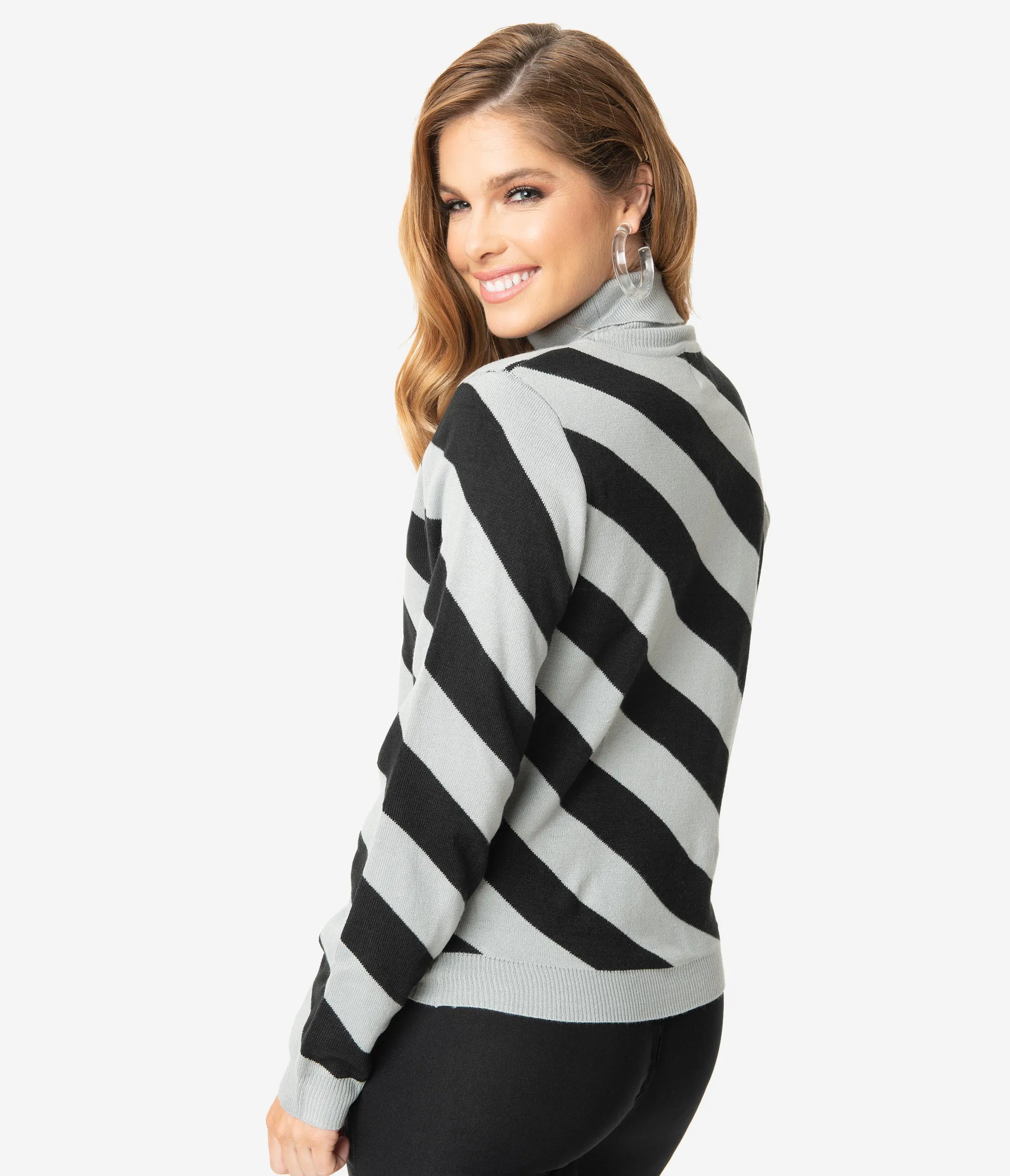 Retro Style Black & Silver Grey Asymmetrical Stripes Turtleneck Knit Sweater