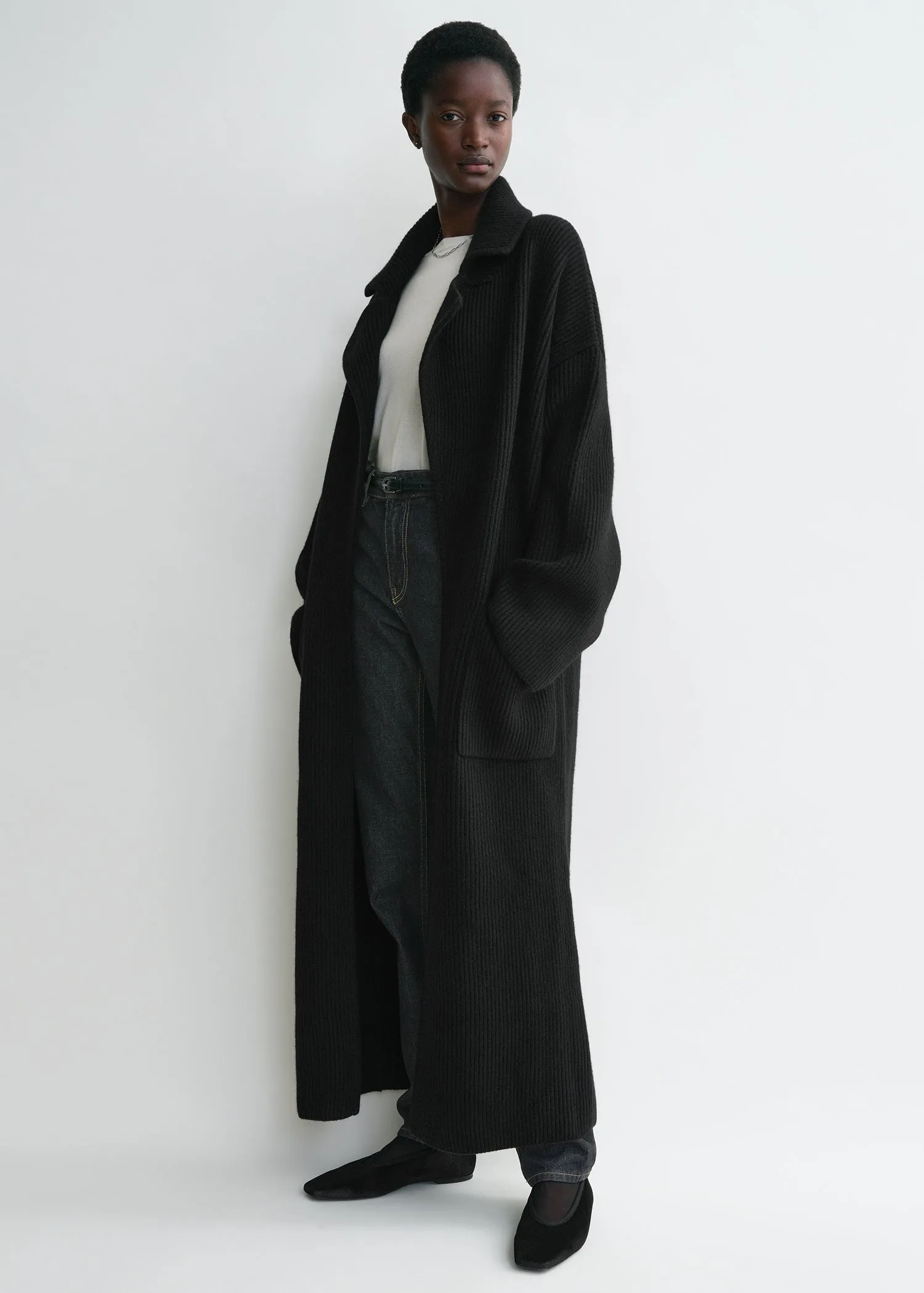 Rib-knit cardi coat black