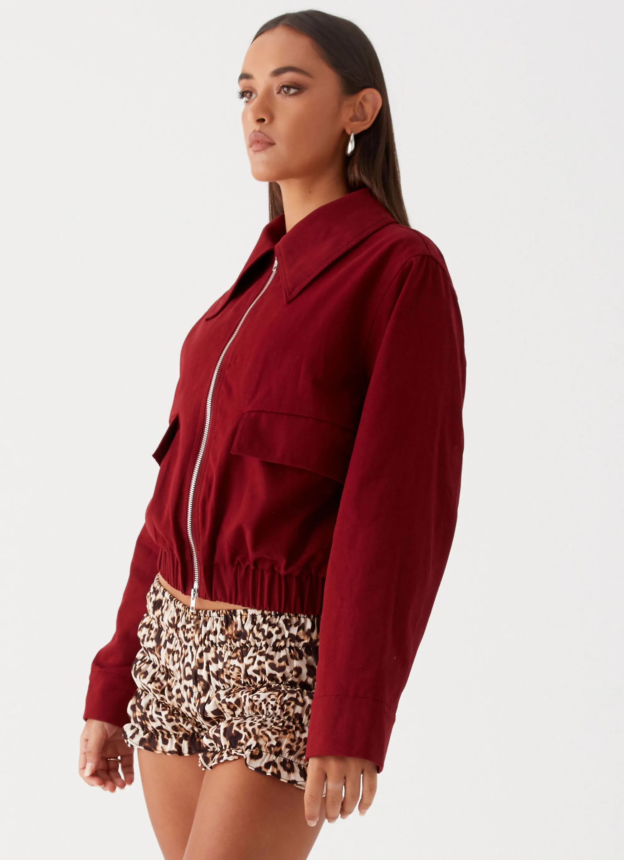 Right Direction Oversized Bomber Jacket - Deep Red