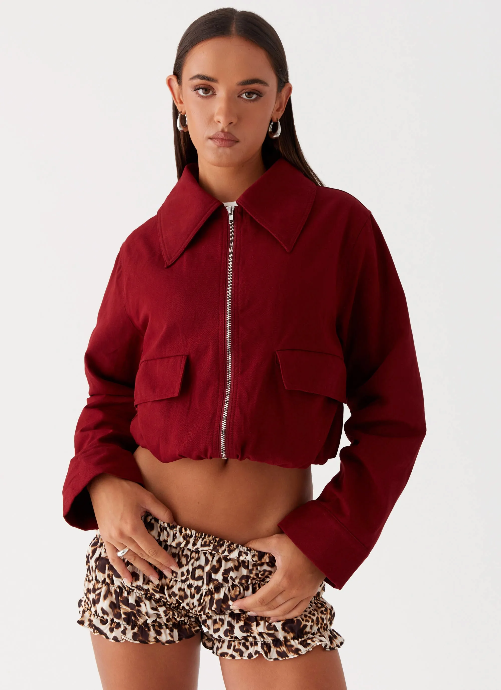 Right Direction Oversized Bomber Jacket - Deep Red