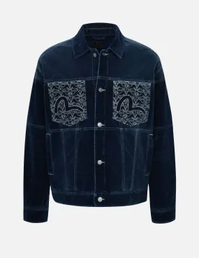 Seagull and Allover Kamon Embroidery Pockets Loose Fit Padded Denim Jacket