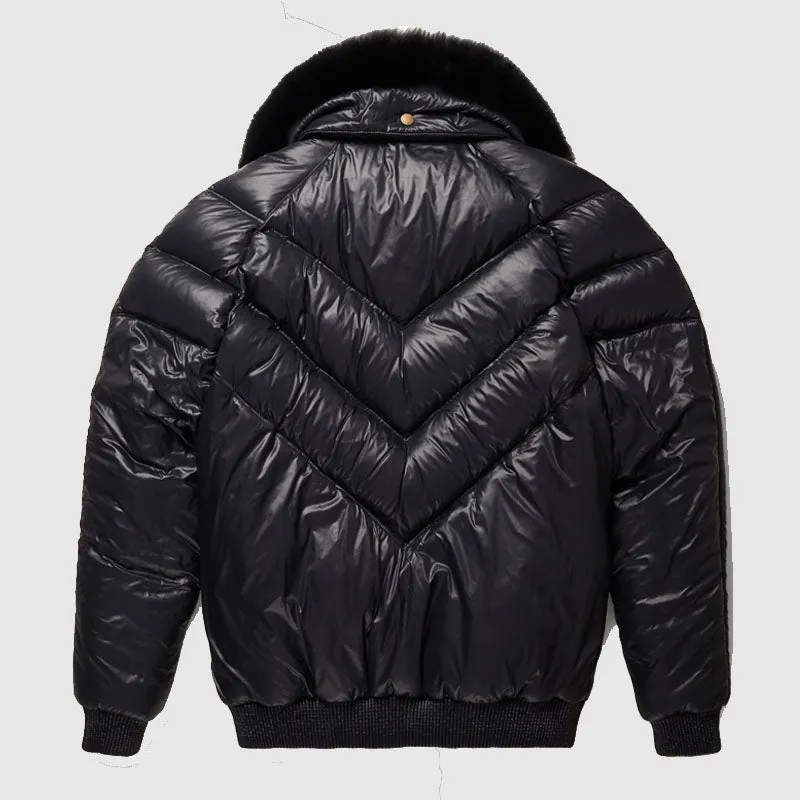 Shop Nylon Black Leather Mens V-Bomber Jacket For Sale