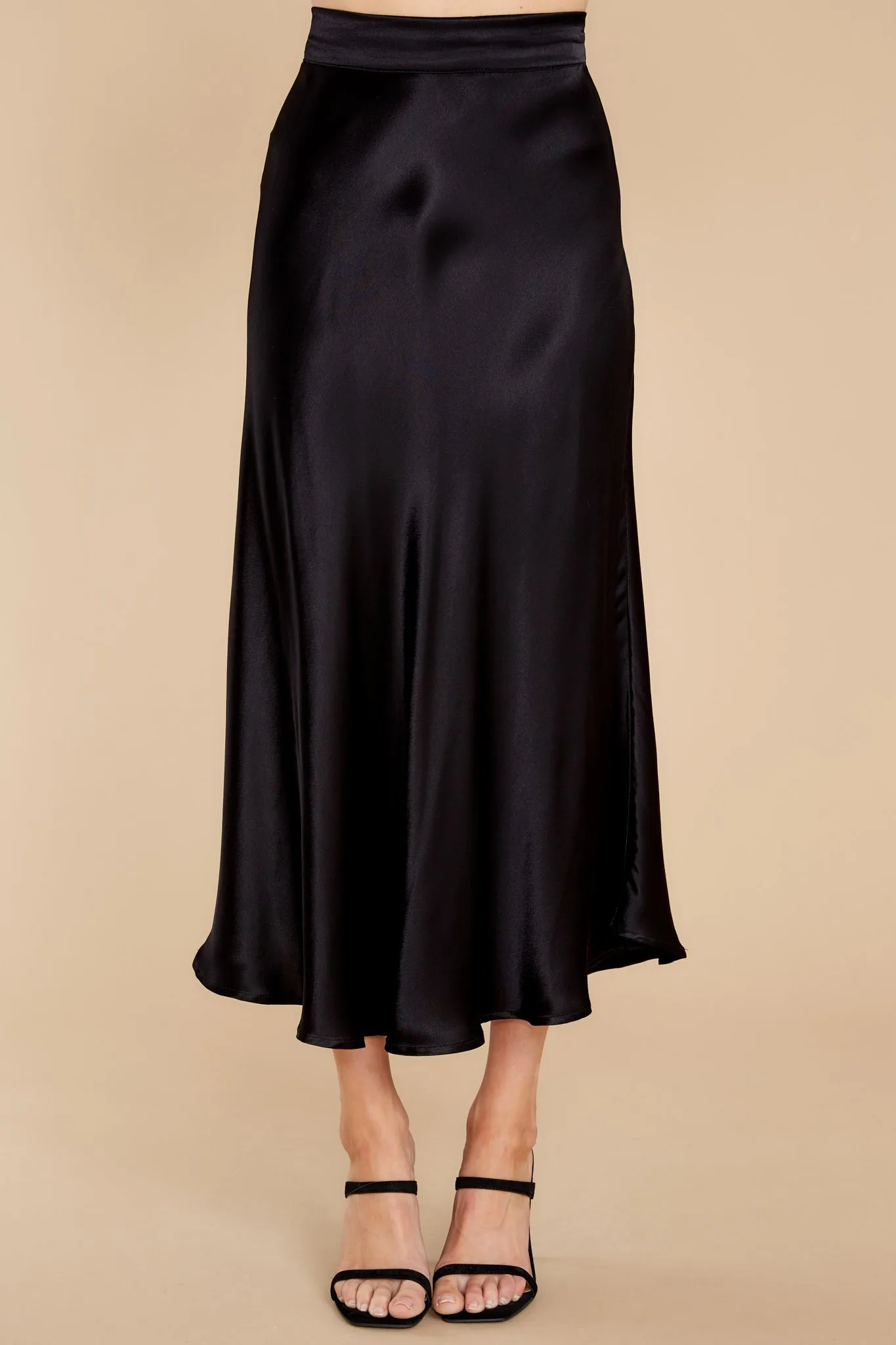 Silky Seduction Black Satin Midi Skirt