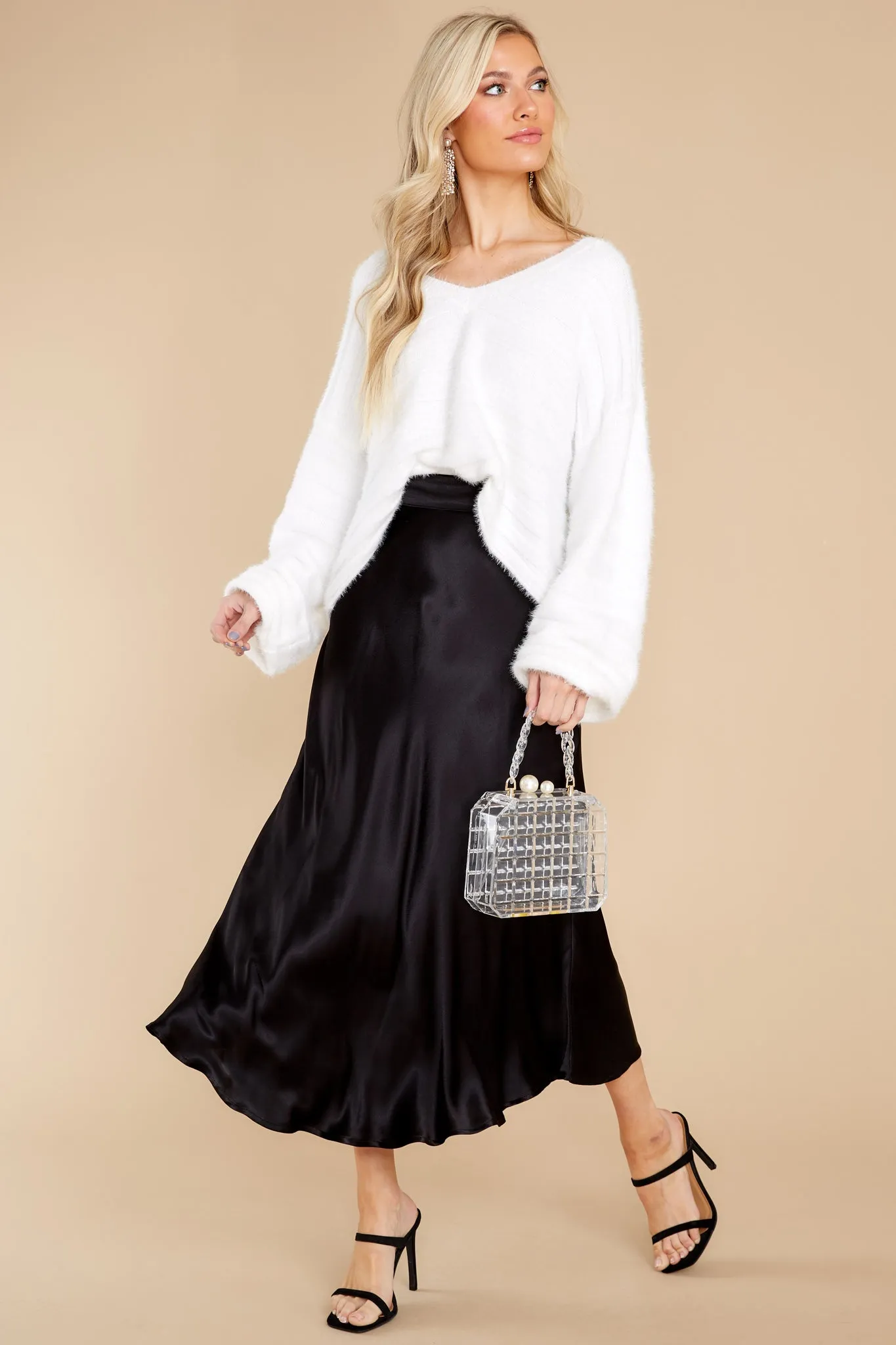 Silky Seduction Black Satin Midi Skirt