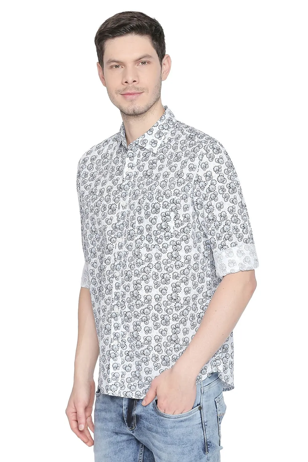 Slim Fit Printed Cotton Linen Shirt