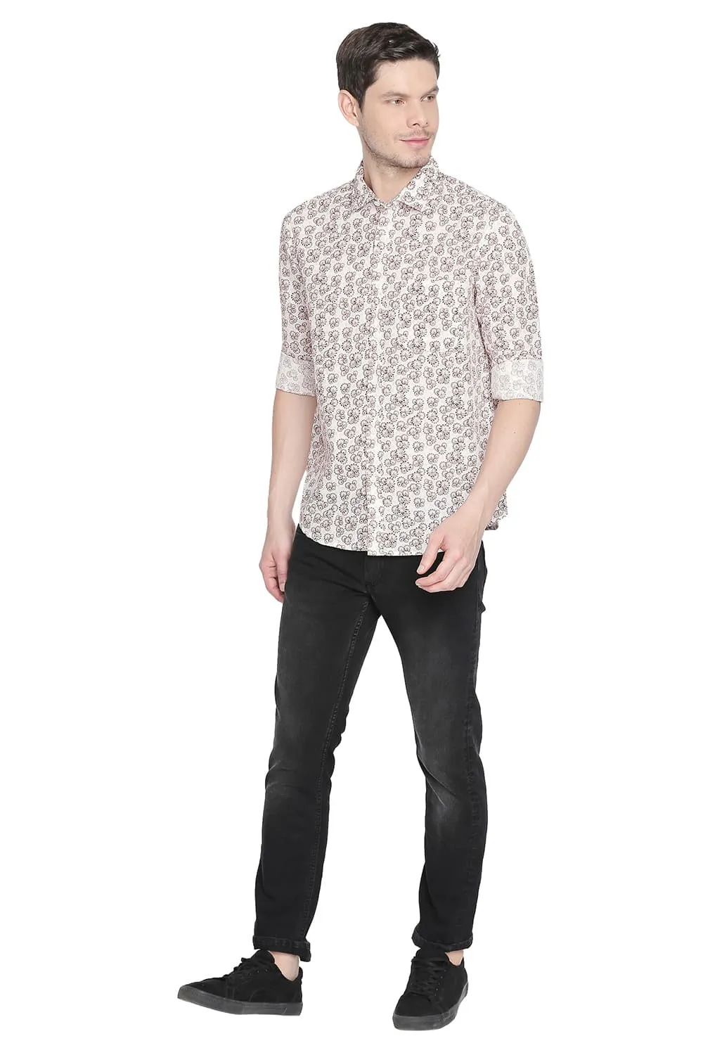 Slim Fit Printed Cotton Linen Shirt