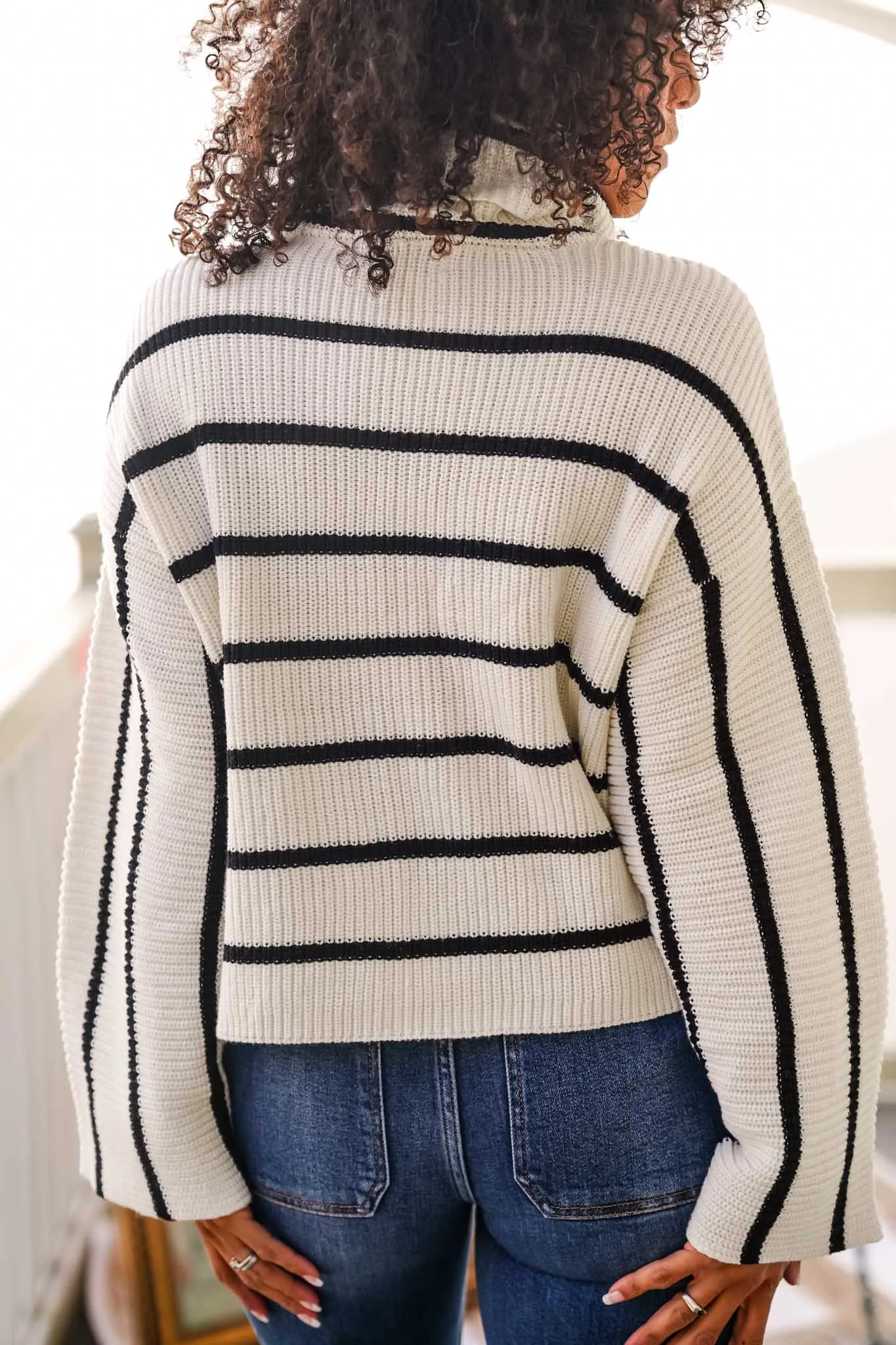 Snowbound Turtleneck Cropped Boxy Striped Sweater- Ivory/Black