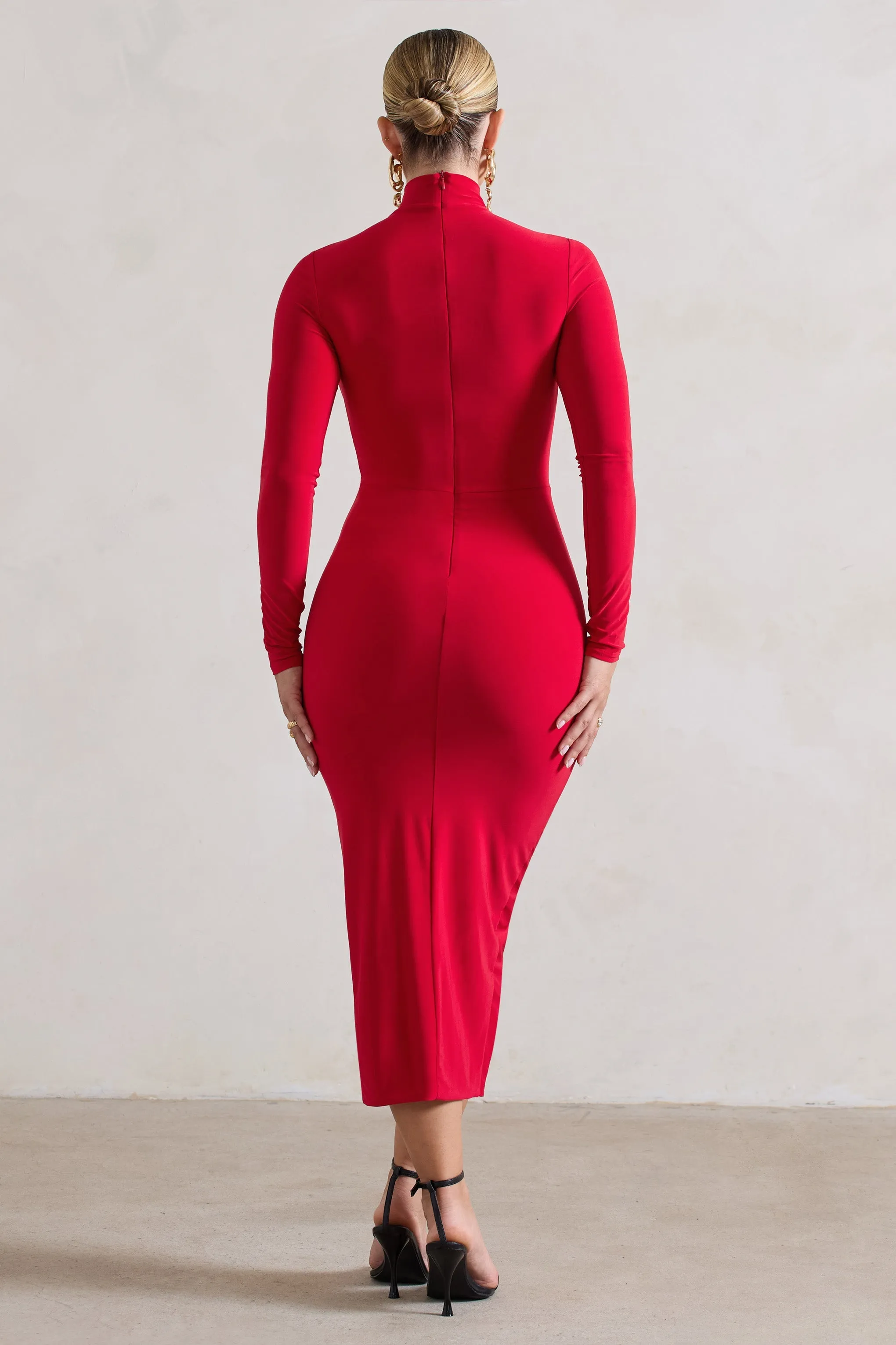 Soha | Red High-Neck Wrap Midi Dress