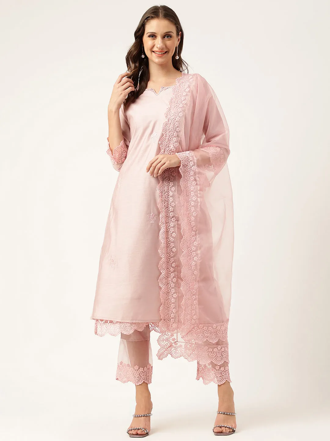 Solid Chanderi Kurta With Inner, Trouser Inner & Dupatta Set