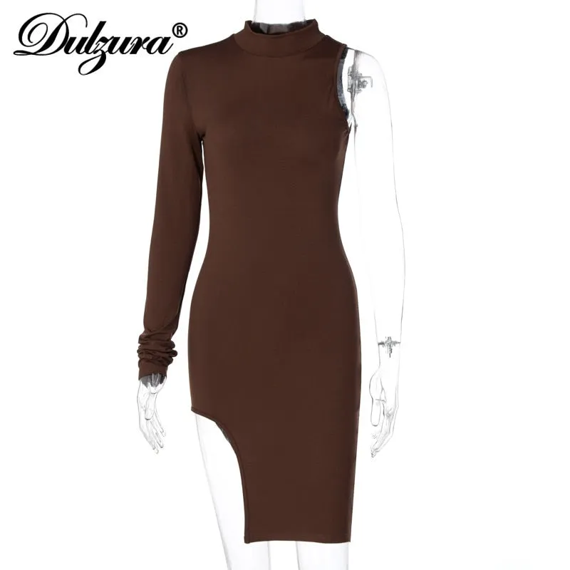 Solid mini one shoulder long sleeve turtleneck bodycon slit streetwear party elegant Dress