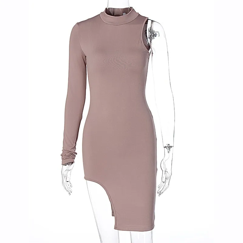 Solid mini one shoulder long sleeve turtleneck bodycon slit streetwear party elegant Dress