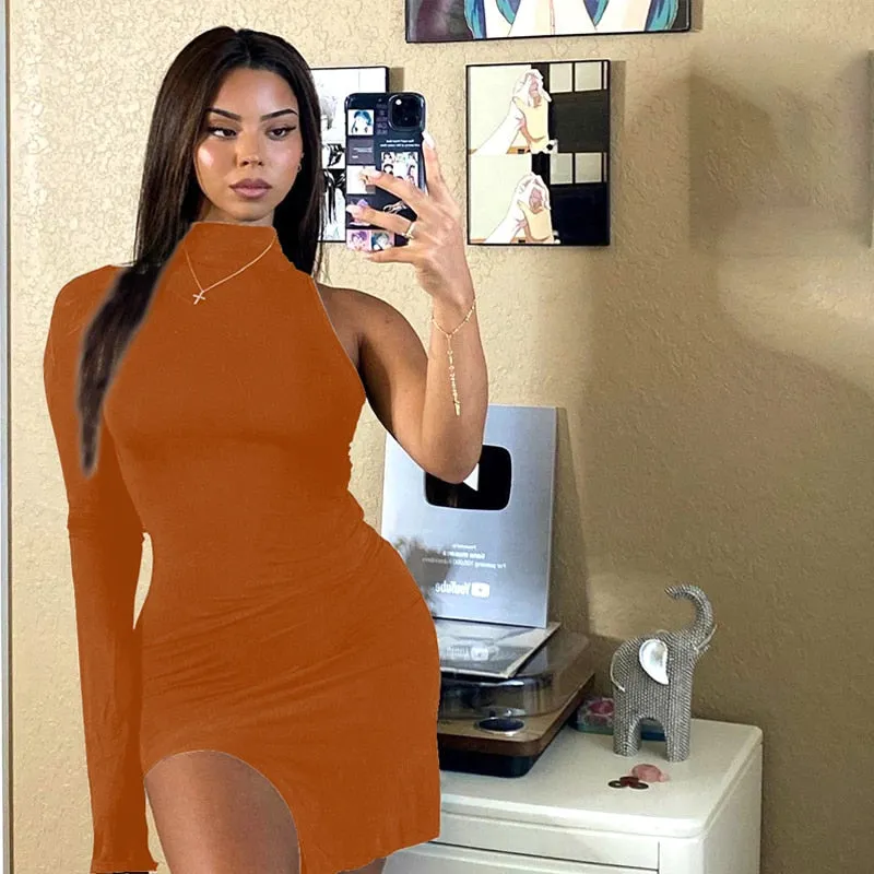 Solid mini one shoulder long sleeve turtleneck bodycon slit streetwear party elegant Dress