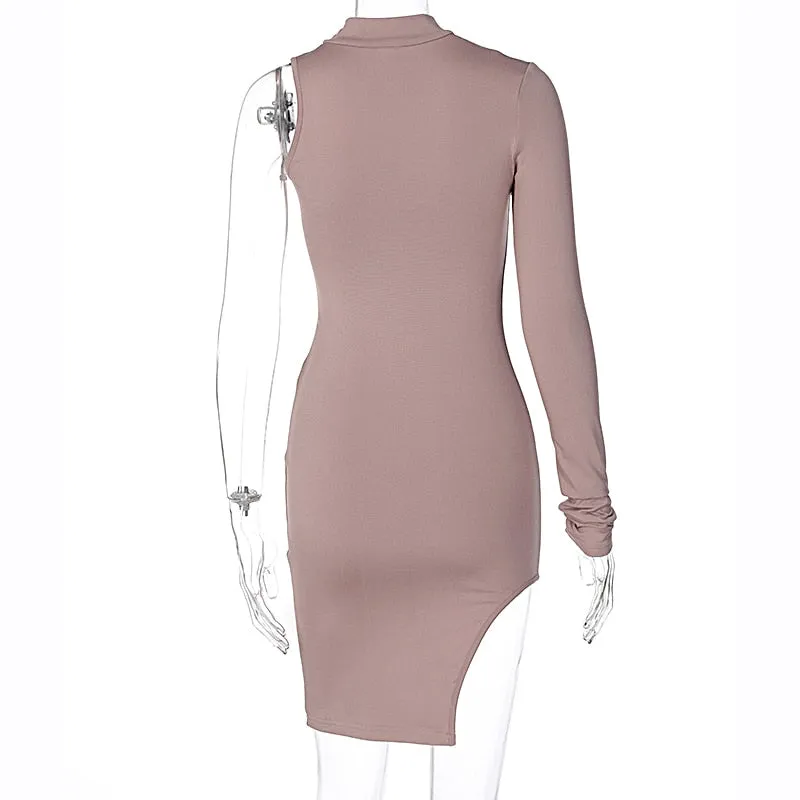 Solid mini one shoulder long sleeve turtleneck bodycon slit streetwear party elegant Dress