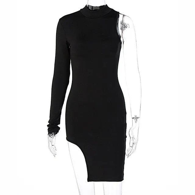 Solid mini one shoulder long sleeve turtleneck bodycon slit streetwear party elegant Dress