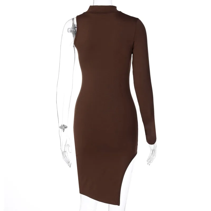 Solid mini one shoulder long sleeve turtleneck bodycon slit streetwear party elegant Dress