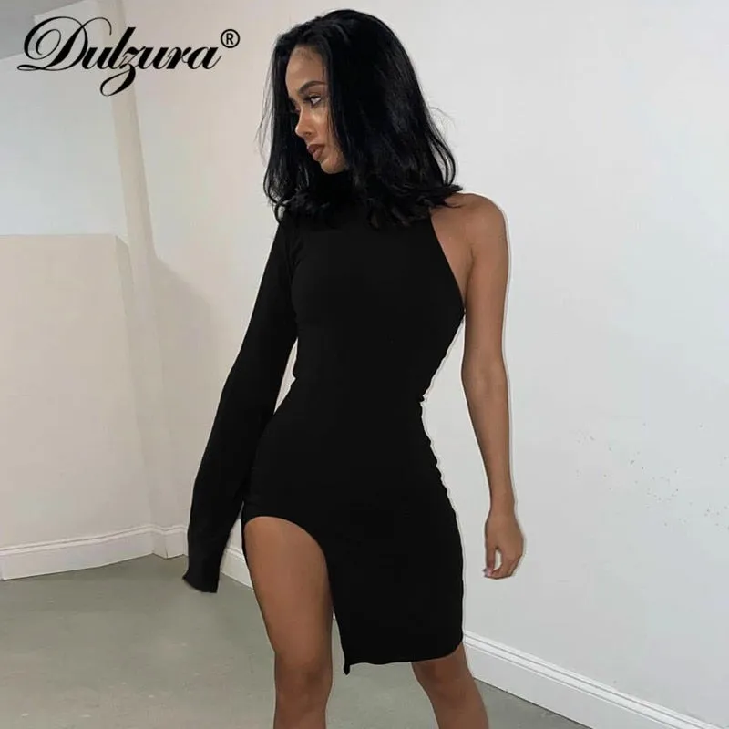 Solid mini one shoulder long sleeve turtleneck bodycon slit streetwear party elegant Dress