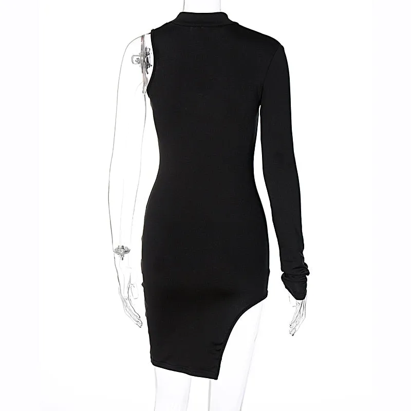 Solid mini one shoulder long sleeve turtleneck bodycon slit streetwear party elegant Dress