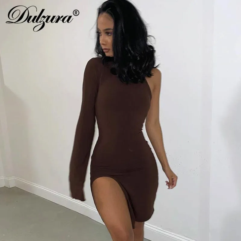 Solid mini one shoulder long sleeve turtleneck bodycon slit streetwear party elegant Dress