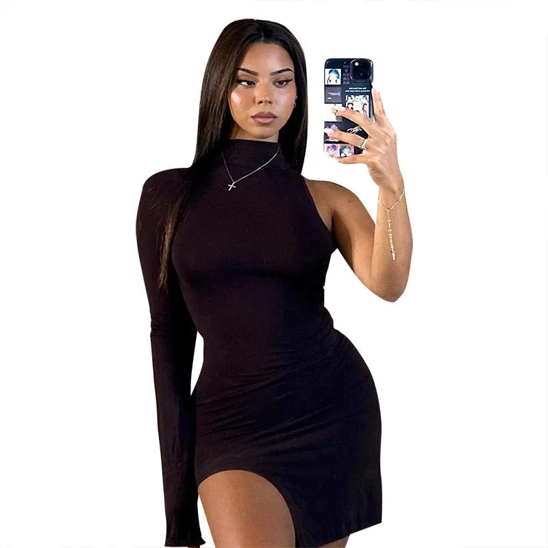 Solid mini one shoulder long sleeve turtleneck bodycon slit streetwear party elegant Dress