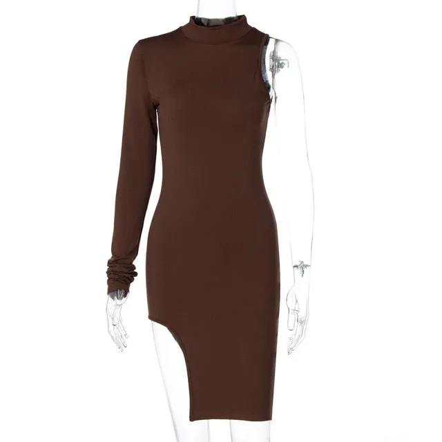 Solid mini one shoulder long sleeve turtleneck bodycon slit streetwear party elegant Dress