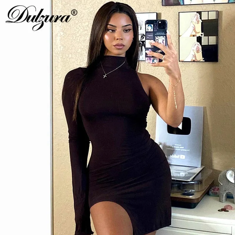 Solid mini one shoulder long sleeve turtleneck bodycon slit streetwear party elegant Dress