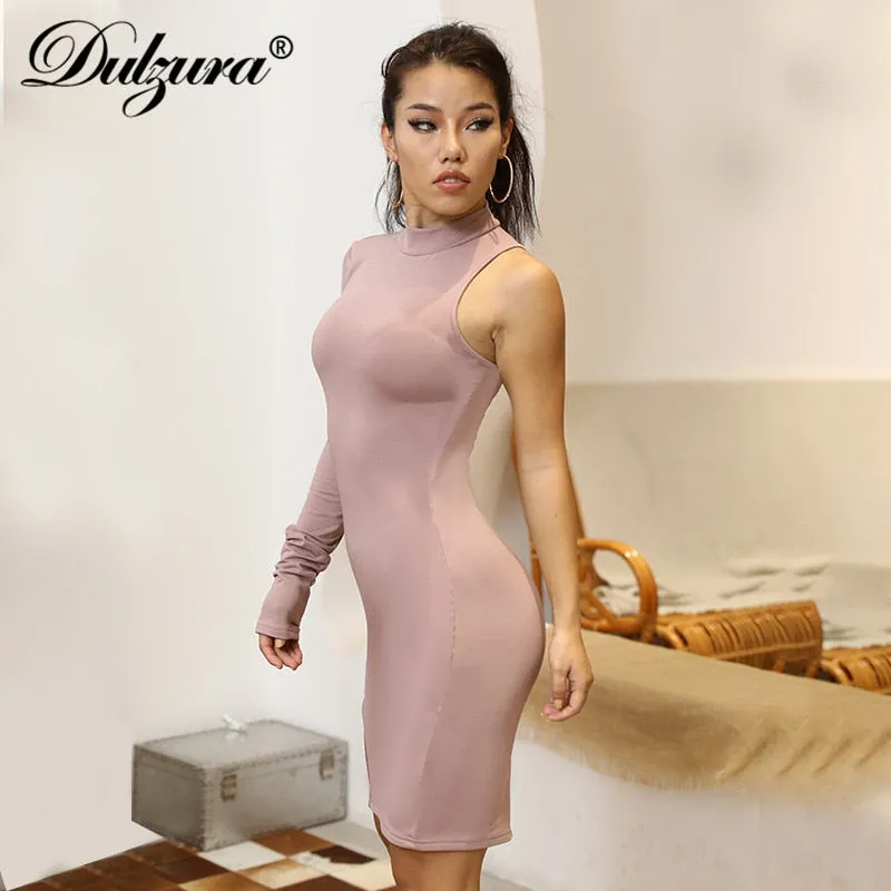 Solid mini one shoulder long sleeve turtleneck bodycon slit streetwear party elegant Dress