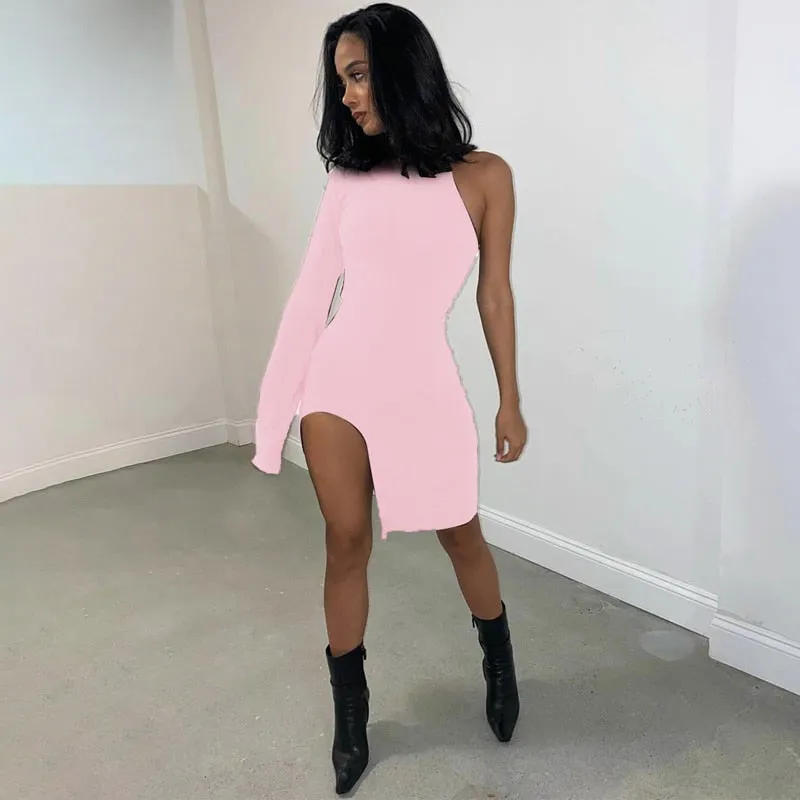 Solid mini one shoulder long sleeve turtleneck bodycon slit streetwear party elegant Dress