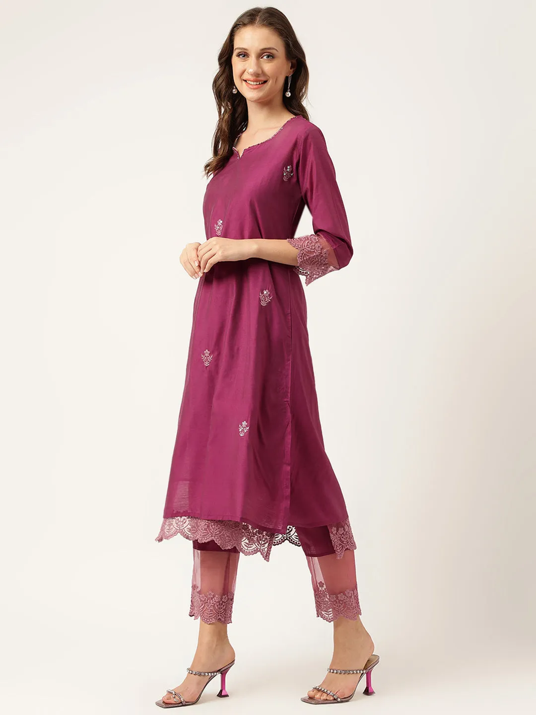 Solid Purple Chanderi Embroidered Kurta With Inner Trouser Inner & Dupatta Set