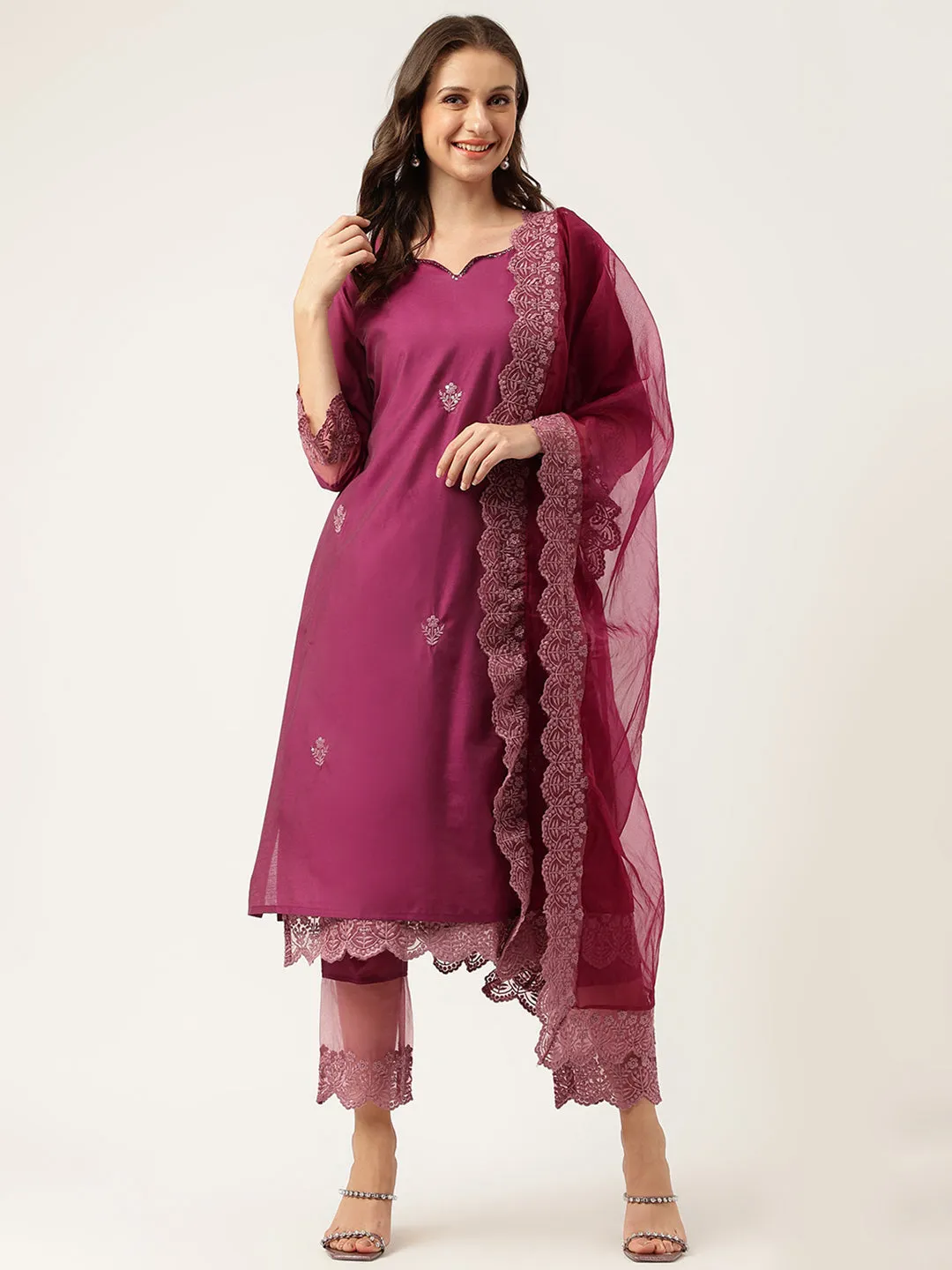 Solid Purple Chanderi Embroidered Kurta With Inner Trouser Inner & Dupatta Set