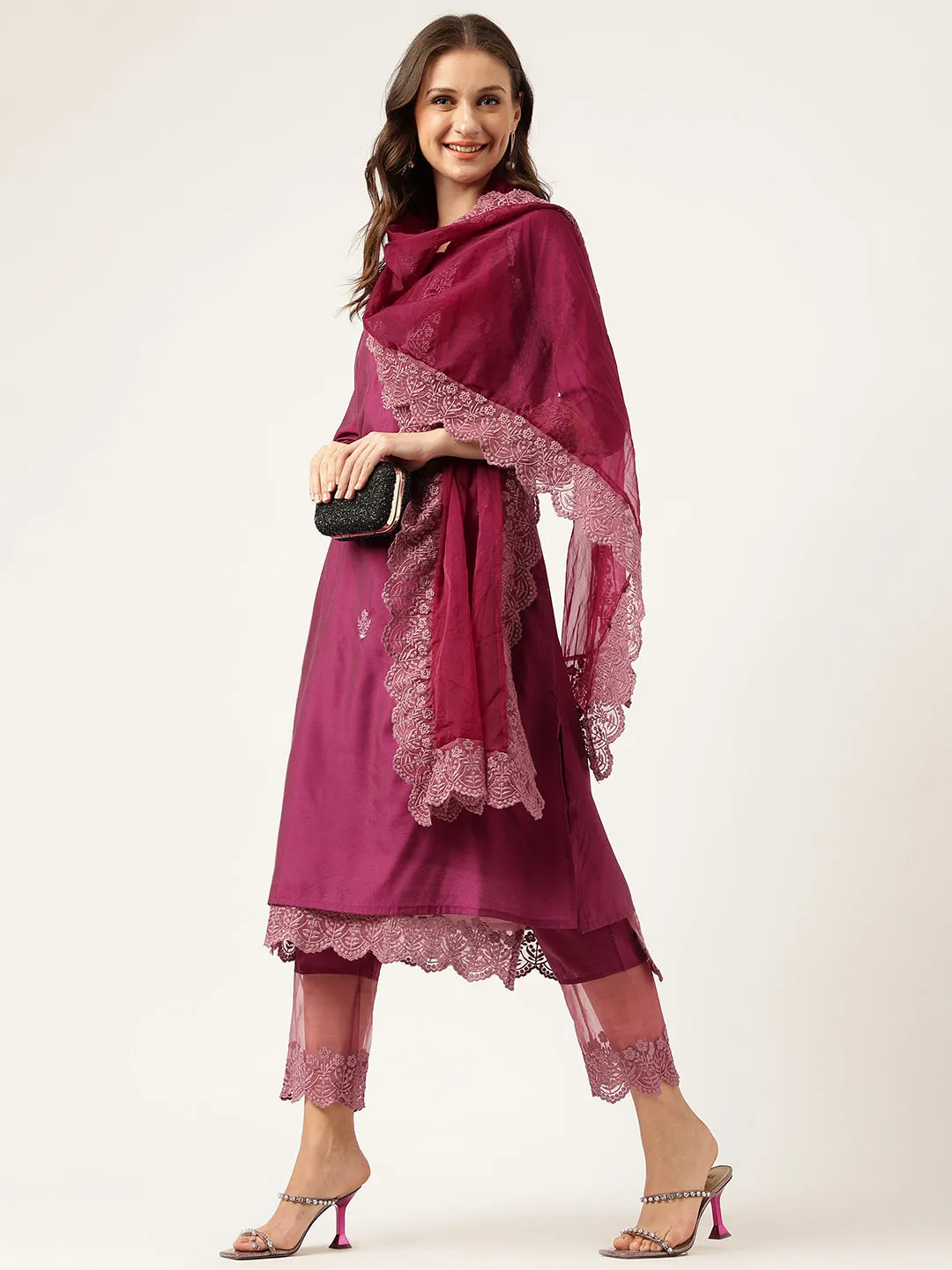 Solid Purple Chanderi Embroidered Kurta With Inner Trouser Inner & Dupatta Set