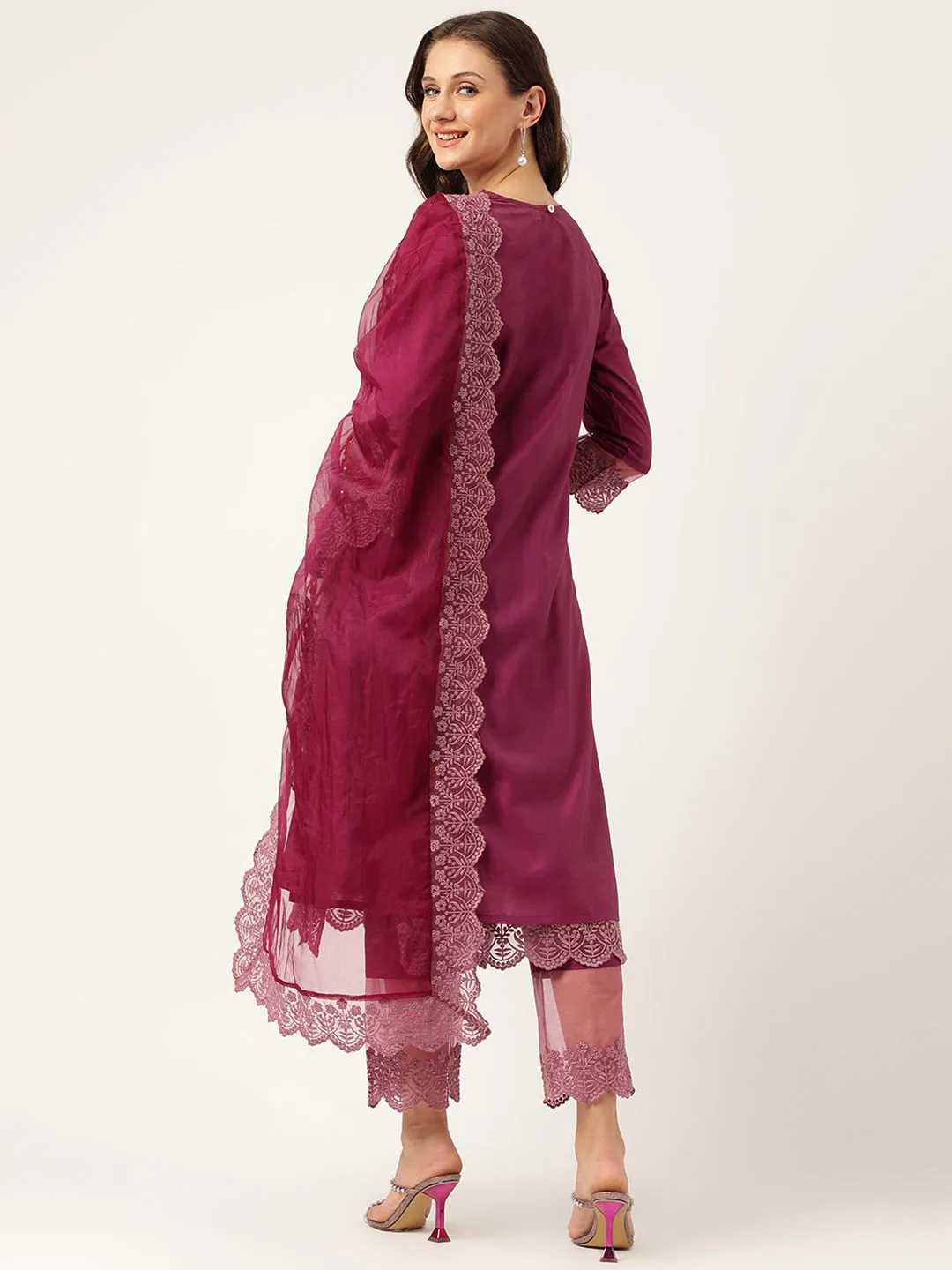 Solid Purple Chanderi Embroidered Kurta With Inner Trouser Inner & Dupatta Set