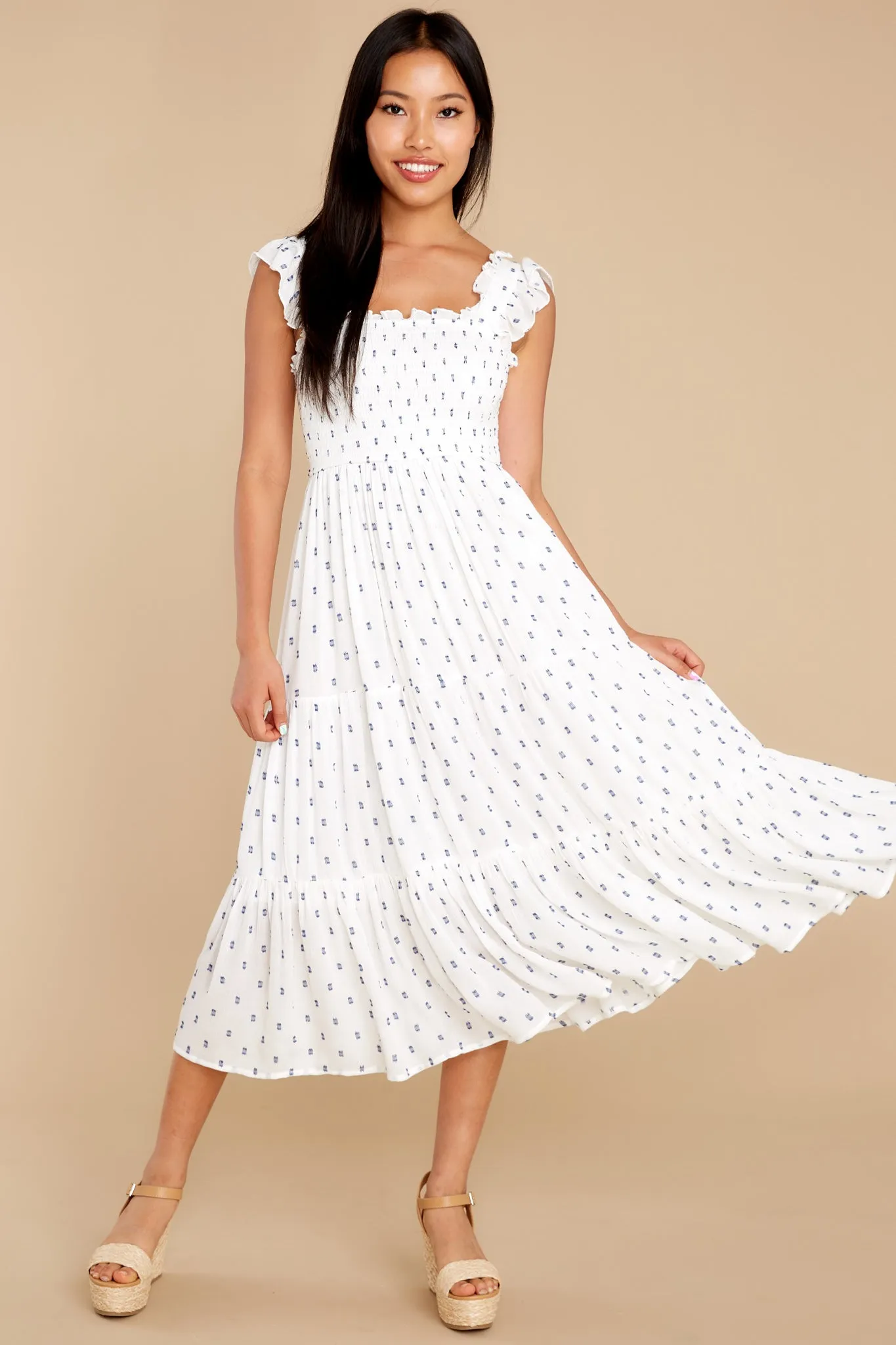 Sounds Of Silence White And Navy Dot Ruffle Midi Dress