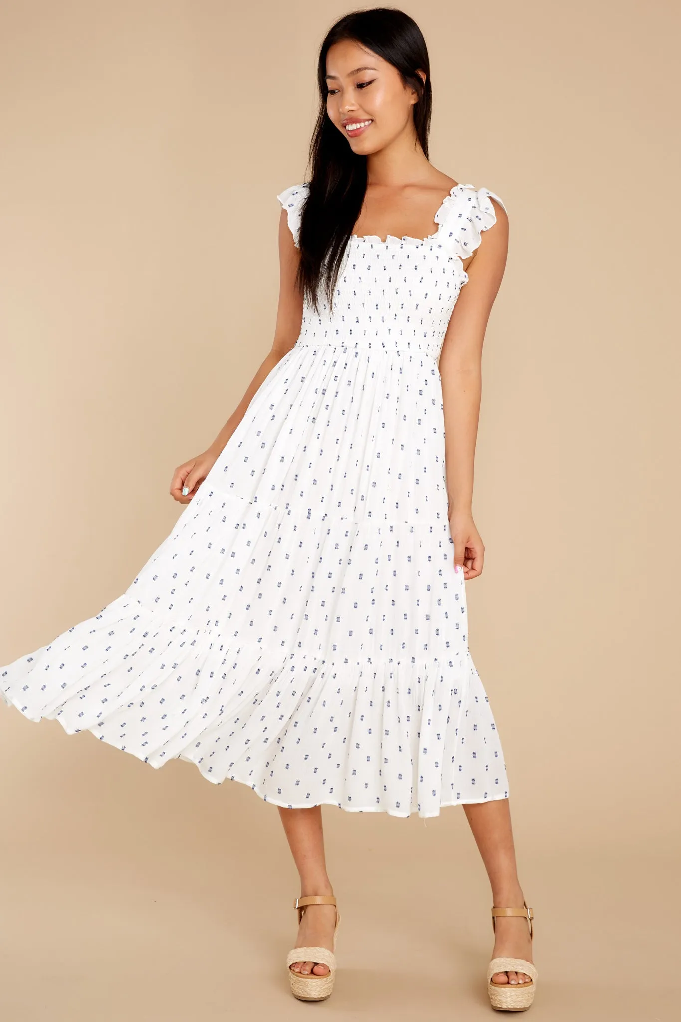 Sounds Of Silence White And Navy Dot Ruffle Midi Dress