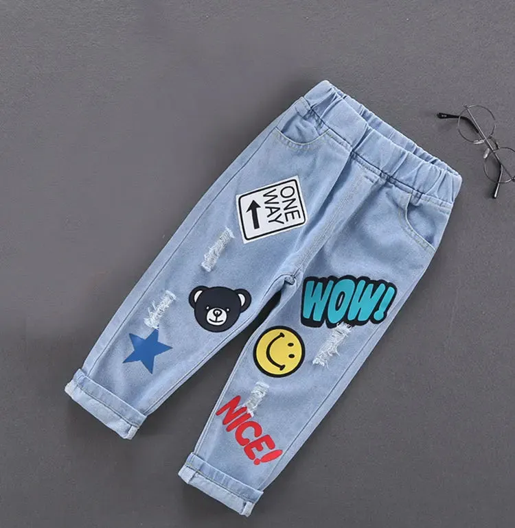 Spring Autumn Children Jeans  Boys Cotton Print Splice Stretch Denim Pants Korean Teenage Trousers Wear Kids ClothingDenimRipped