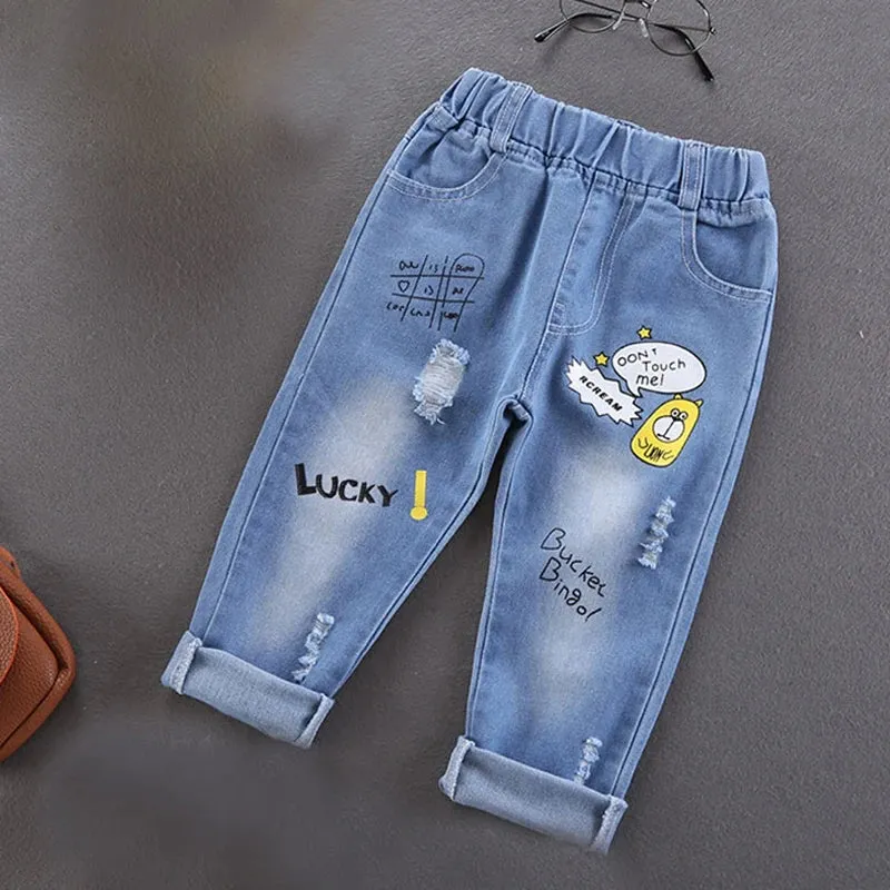 Spring Autumn Children Jeans  Boys Cotton Print Splice Stretch Denim Pants Korean Teenage Trousers Wear Kids ClothingDenimRipped