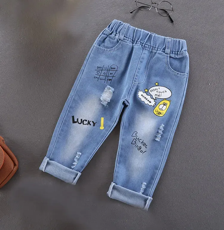 Spring Autumn Children Jeans  Boys Cotton Print Splice Stretch Denim Pants Korean Teenage Trousers Wear Kids ClothingDenimRipped