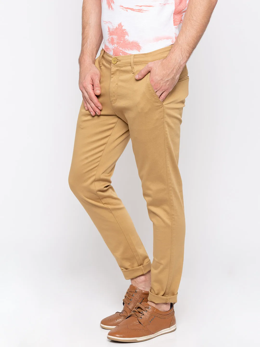 Spykar Men Beige Cotton Slim Fit Casual Trousers