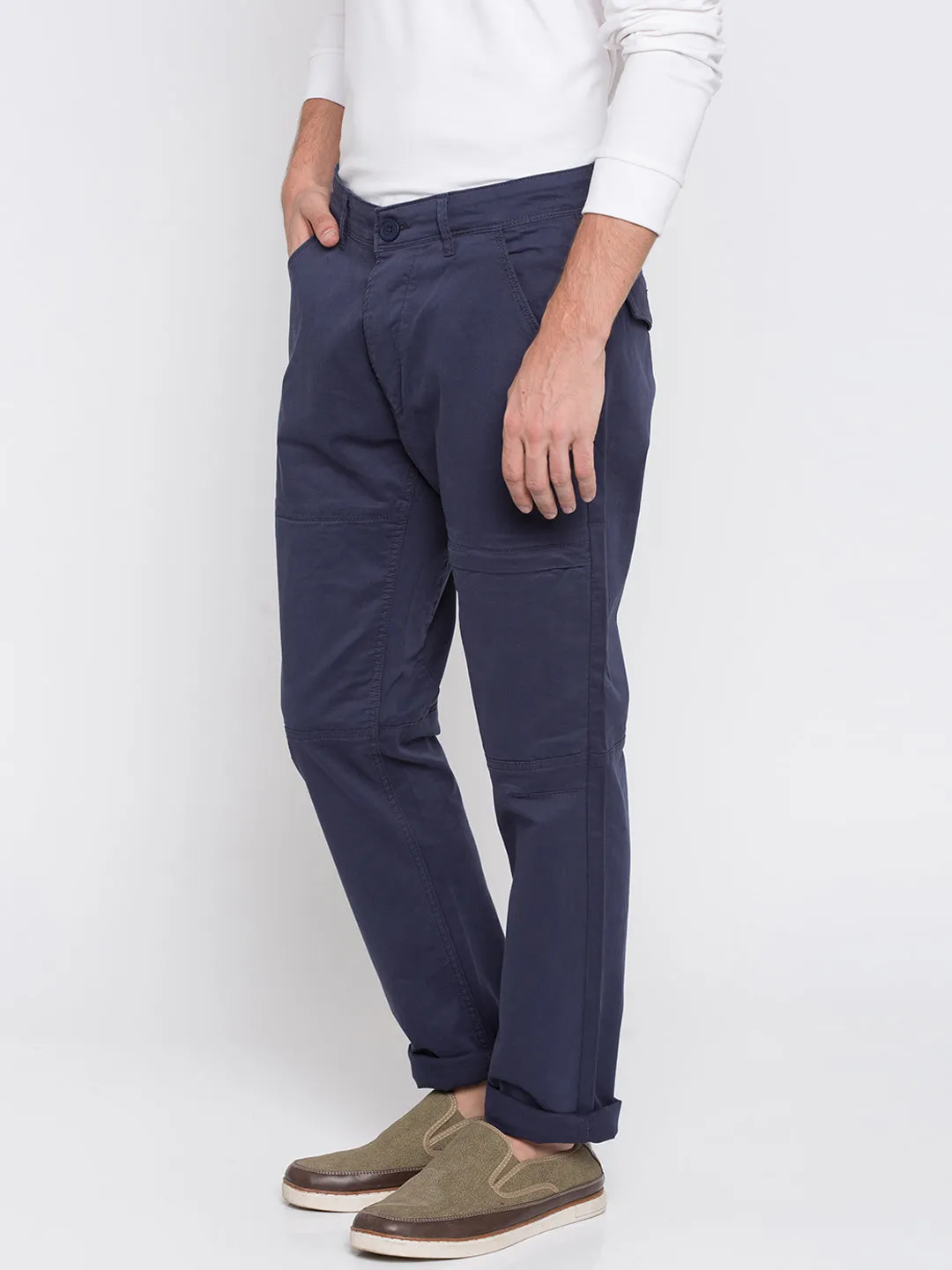 Spykar Men Blue Cotton Slim Fit Casual Trousers