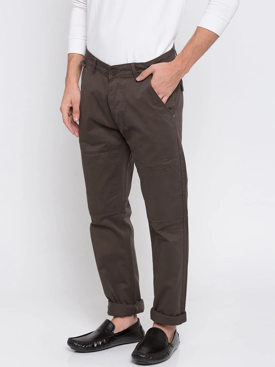 Spykar Men Brown Cotton Slim Fit Casual Trousers