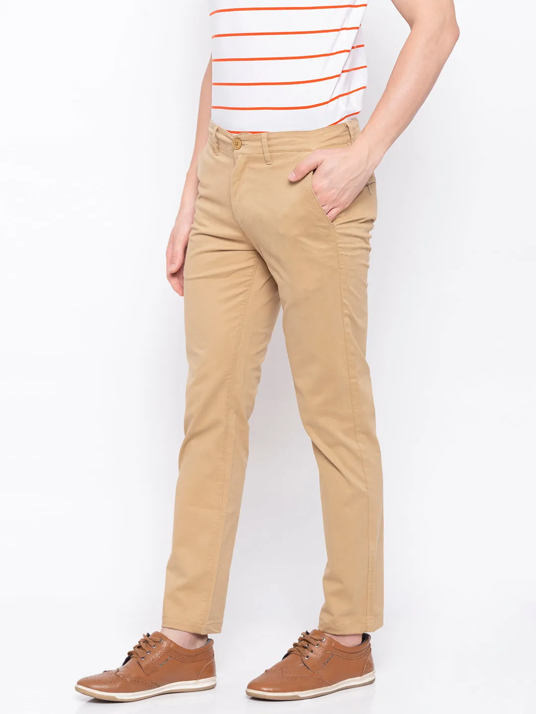 Spykar Men Khaki Cotton Slim Fit Trousers