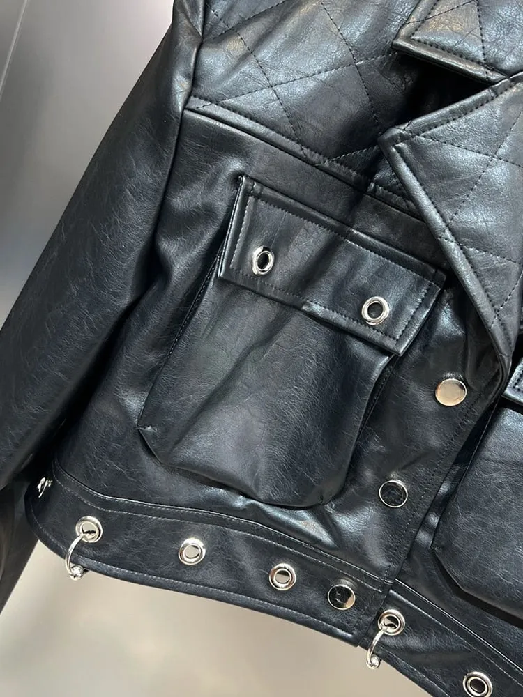 Steetwear Autumn Jacket For Women Lapel Long Sleeve Patchwork Rivet PU Leather Black Jackets Female Clothing