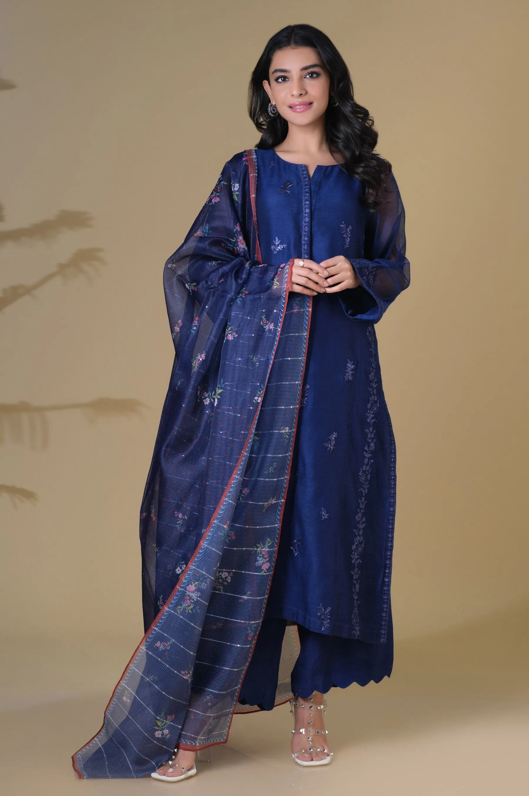 Stitched 3 Piece Khaddi Net Embroidered Outfit