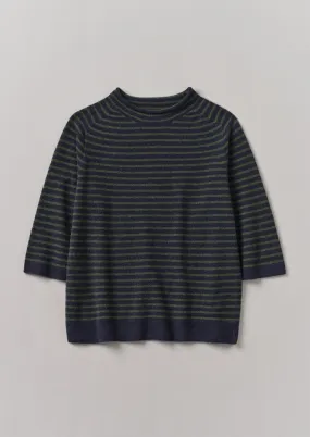 Stripe Wool Cashmere Half Sleeve Sweater | Dark Navy/Olive