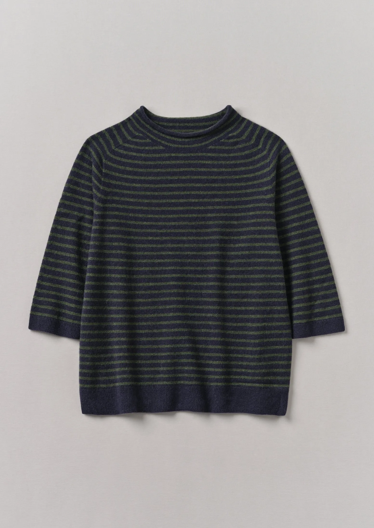 Stripe Wool Cashmere Half Sleeve Sweater | Dark Navy/Olive