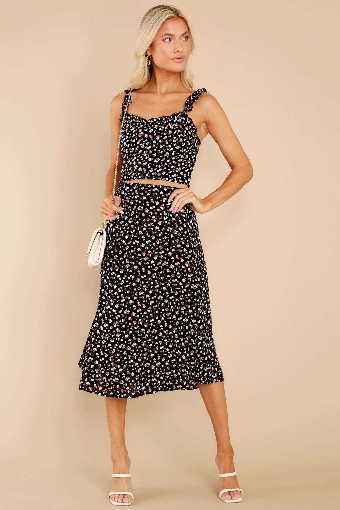 Tango In The Night Black And Spiced Coral Floral Midi Skirt